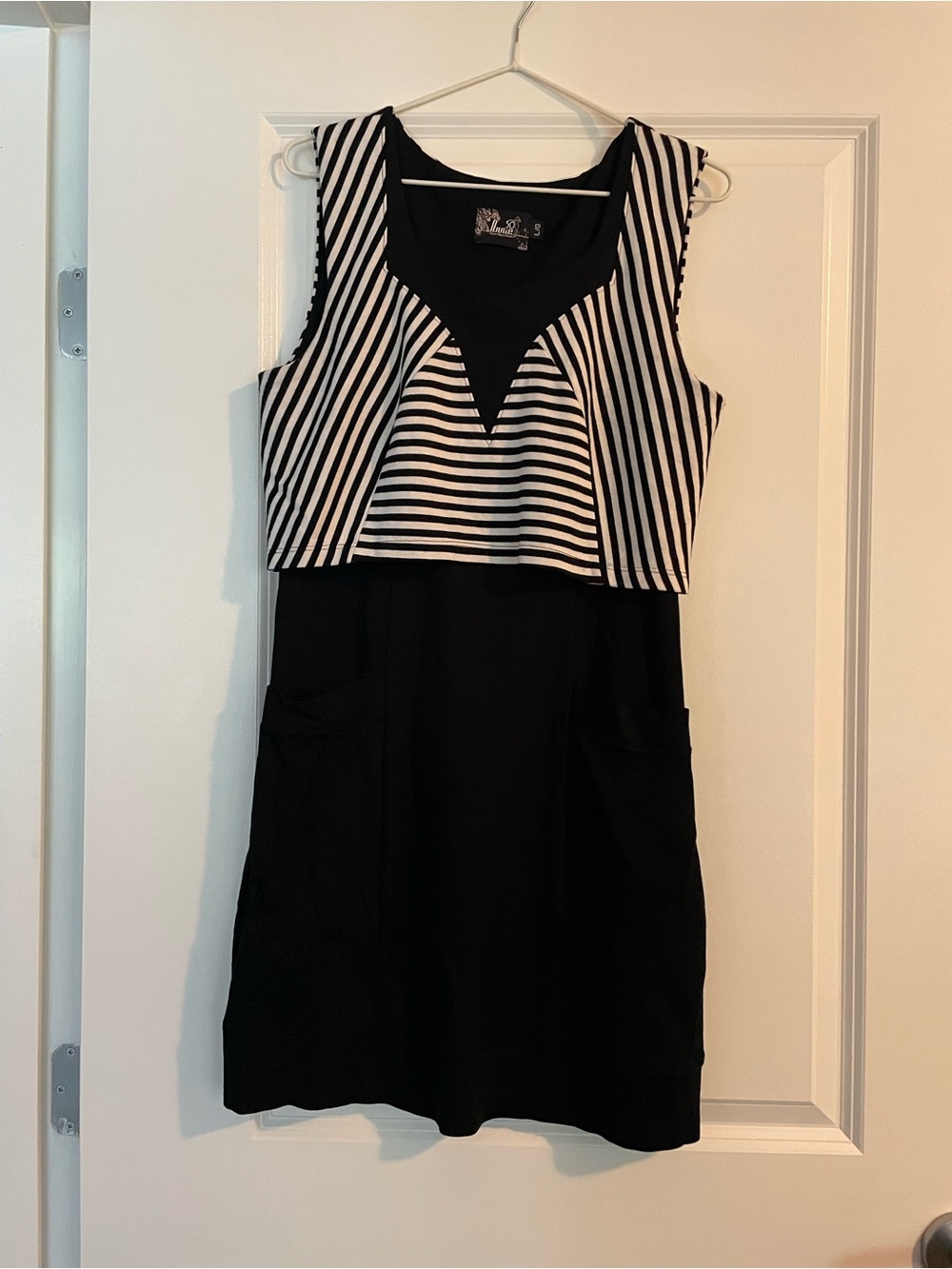 Sleeveless Black Midi Dress with Black & White Striped Overlay